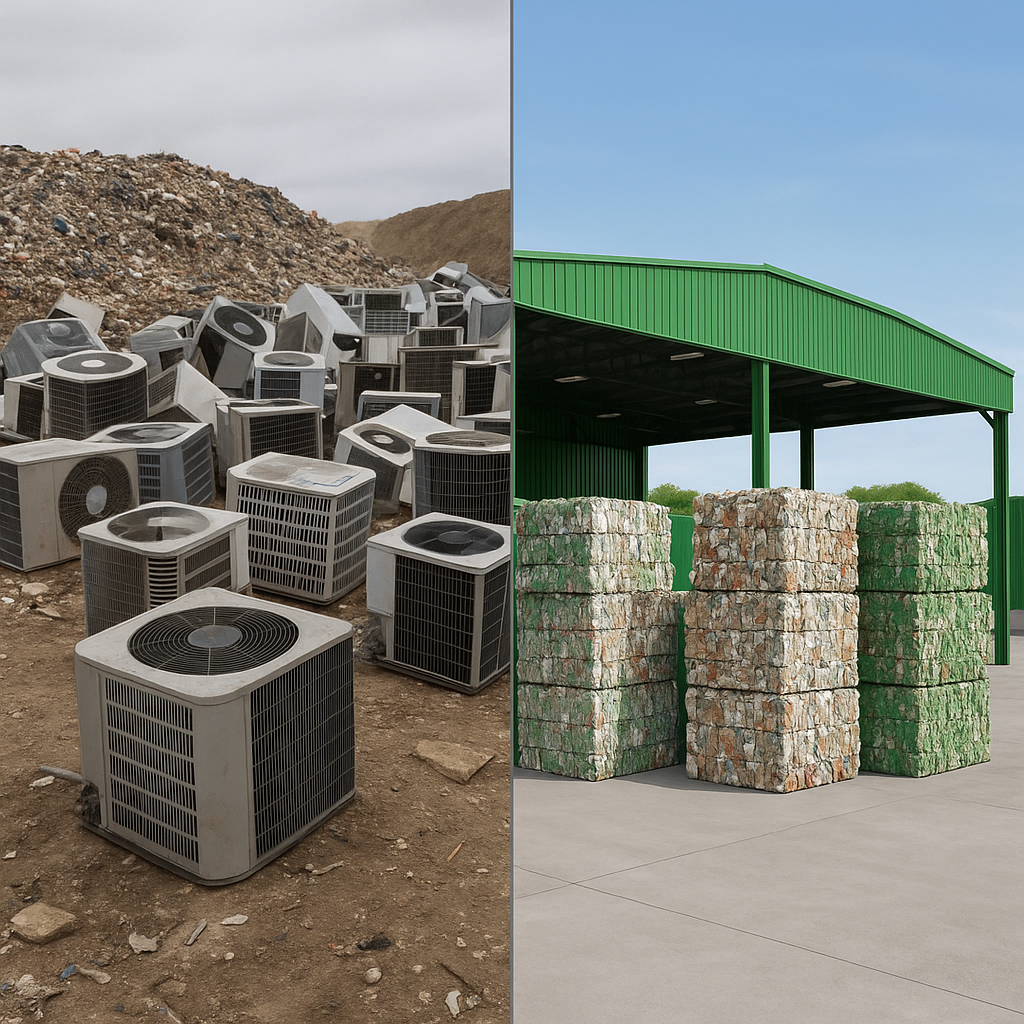 Before and after split image: landfill with discarded HVAC units vs. green recycling facility with stacks of processed materials