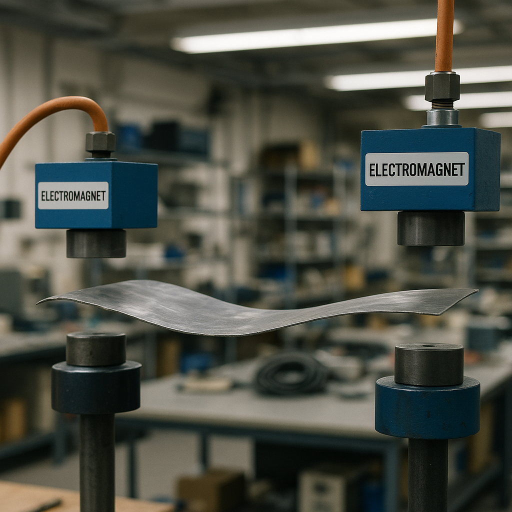 Lead Sheet and Electromagnets in Research Facility Lead sheet suspended between two strong electromagnets with subtle distortion visible in a high-tech research facility.