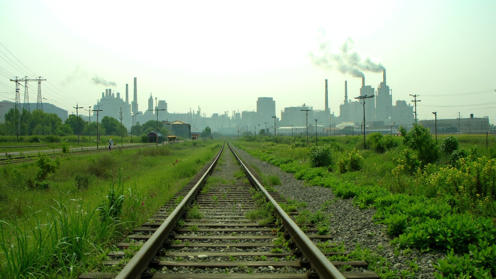 Lush Green Landscape with Recycled Railroad Track Lush green landscape with a recycled railroad track in the foreground, contrasting with a polluted industrial area in the background.