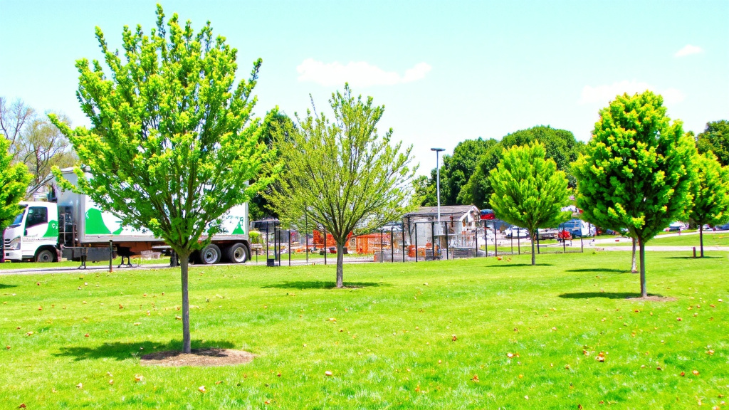 Urban Renewal Park with Recycling Truck Lush green park with newly planted trees on a former demolition site, recycling truck in the background.
