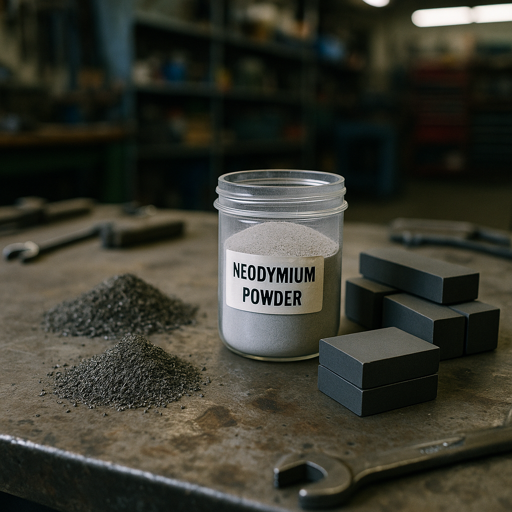 Raw Materials for Magnet Production Assorted raw materials for magnet production including iron filings, neodymium powder, and ferrite blocks on an industrial workbench.