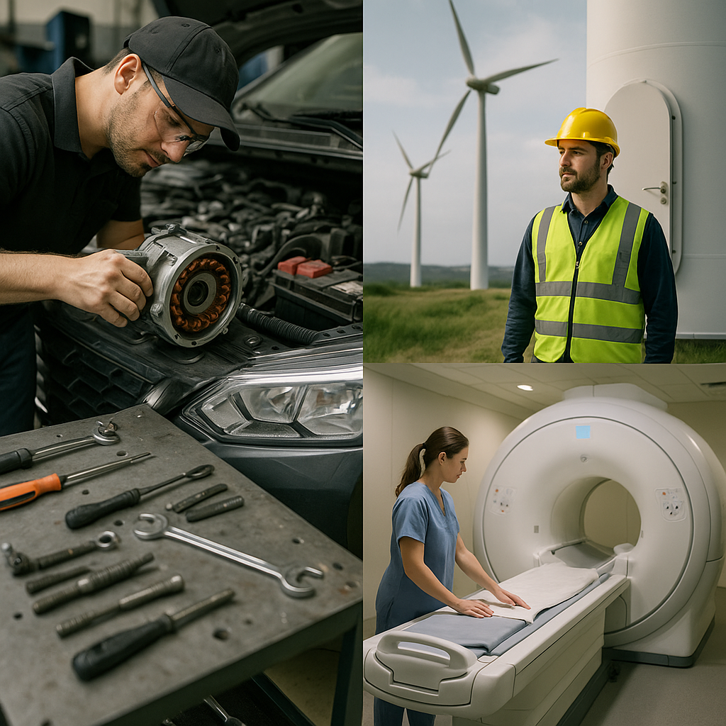 Magnetic Alloy Applications Montage Montage of magnetic alloy applications including an electric car motor, wind turbine, and MRI machine in a hospital setting.