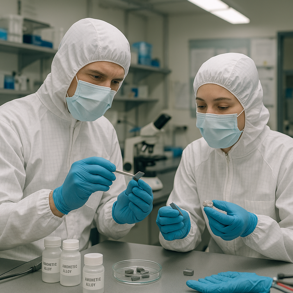 Cutting-Edge Magnetic Alloy Research Researchers in a clean room experimenting with cutting-edge magnetic alloy prototypes and futuristic lab equipment.