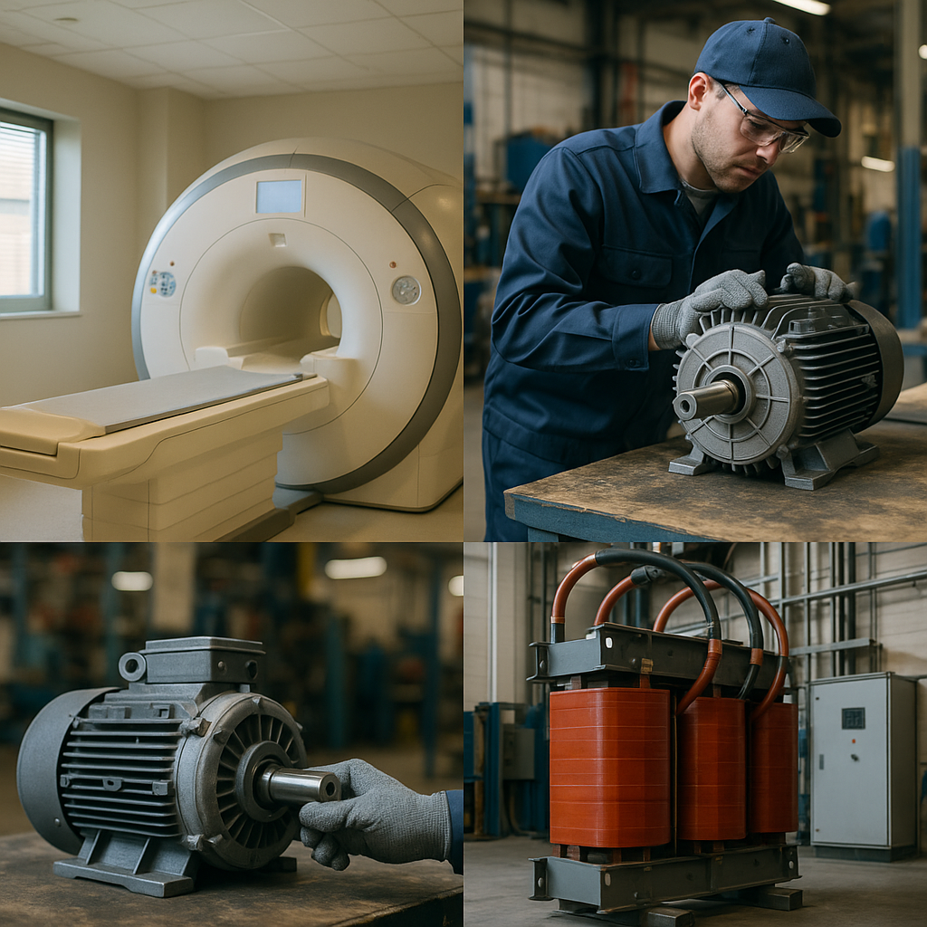 Montage of magnetic steel applications including an MRI machine, electric motor, and transformer in an industrial setting.