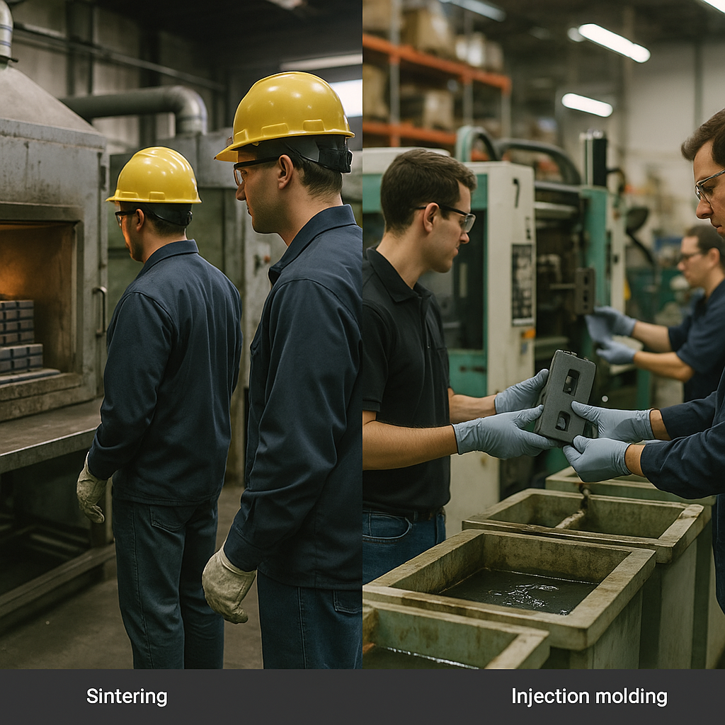 Manufacturing Processes for Magnets Split-screen view of three manufacturing processes: sintering rare earth magnets, injection molding ferrite magnets, and electroplating temporary magnets.