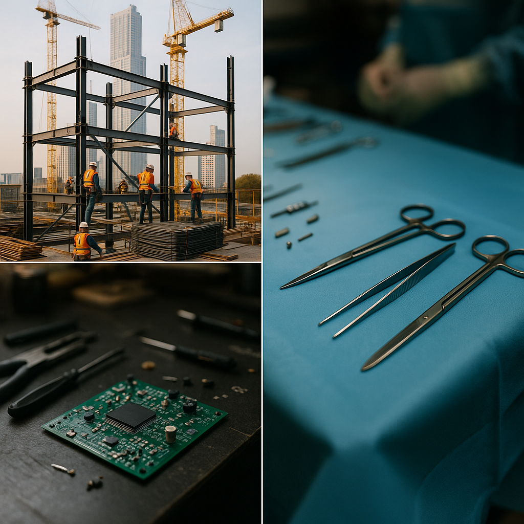 Montage of Metal Applications Montage of metal applications including skyscraper framework, electronic circuit board, and surgical instruments on an operating table.