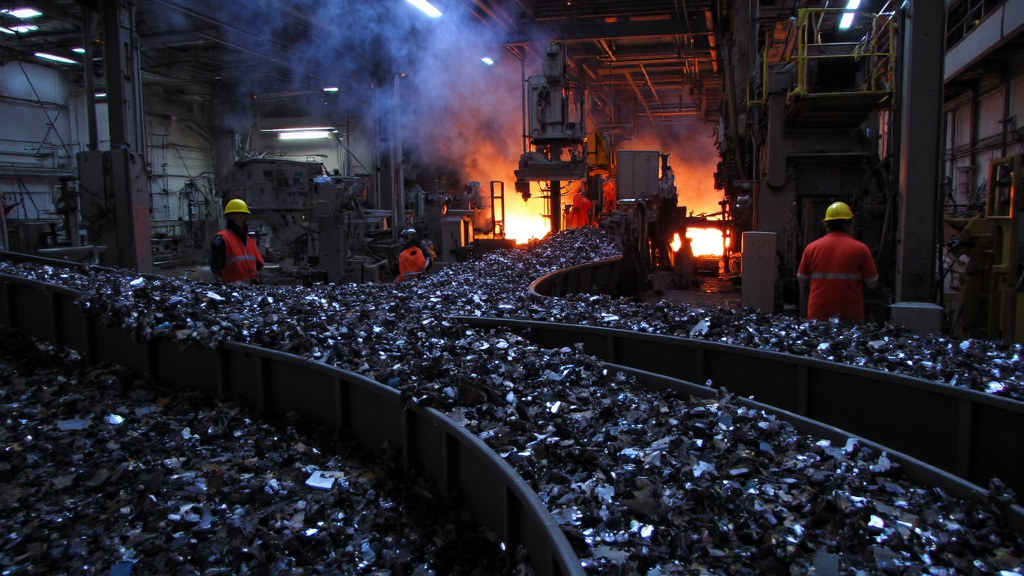 Metal Recycling Facility Operations Metal recycling facility with conveyor belts, sorting machines, and melting furnaces in operation.