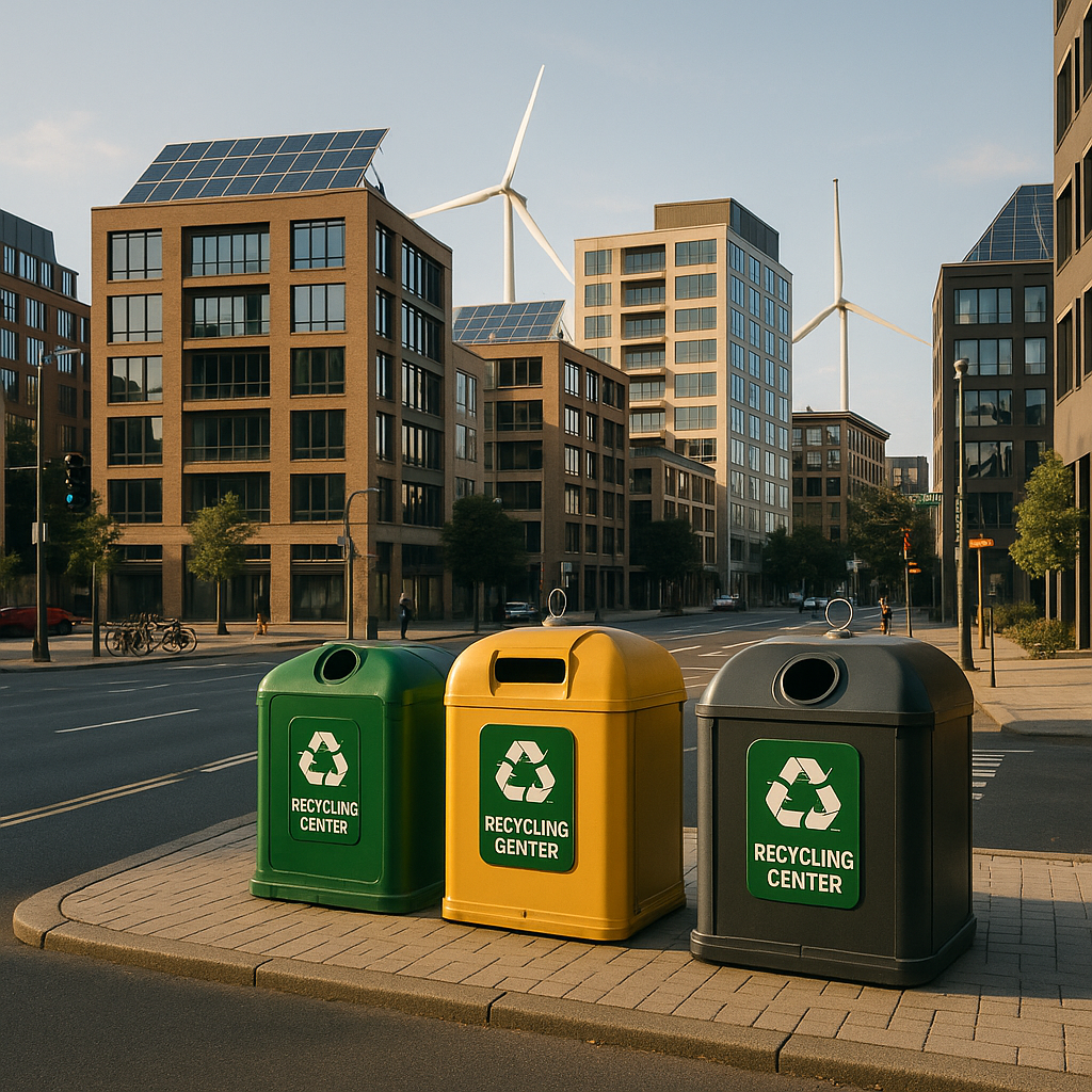 Modern Cityscape with Sustainable Features Modern cityscape featuring recycling centers, wind turbines, and solar panels, symbolizing a sustainable future.