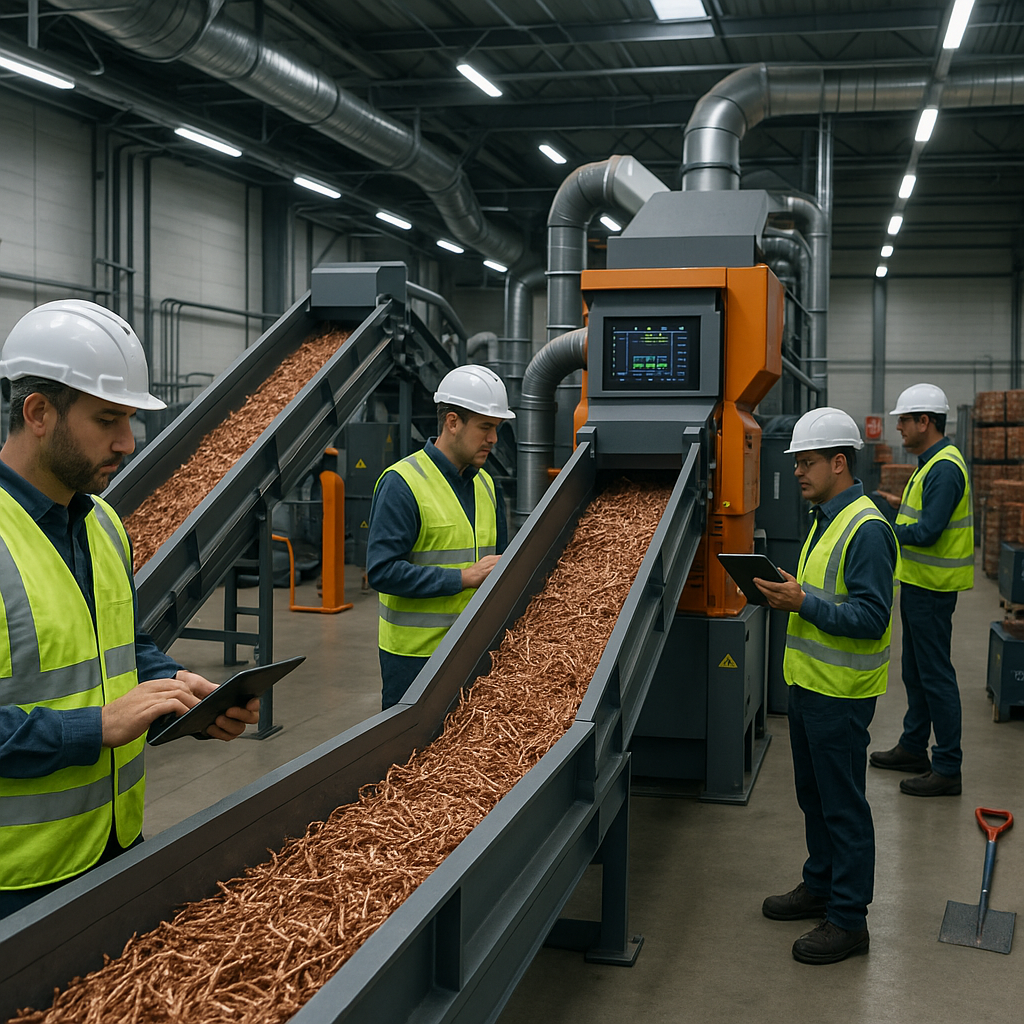 Futuristic Copper Recycling Facility Modern automated copper recycling facility with workers using tablets for monitoring, conveying a futuristic feel.