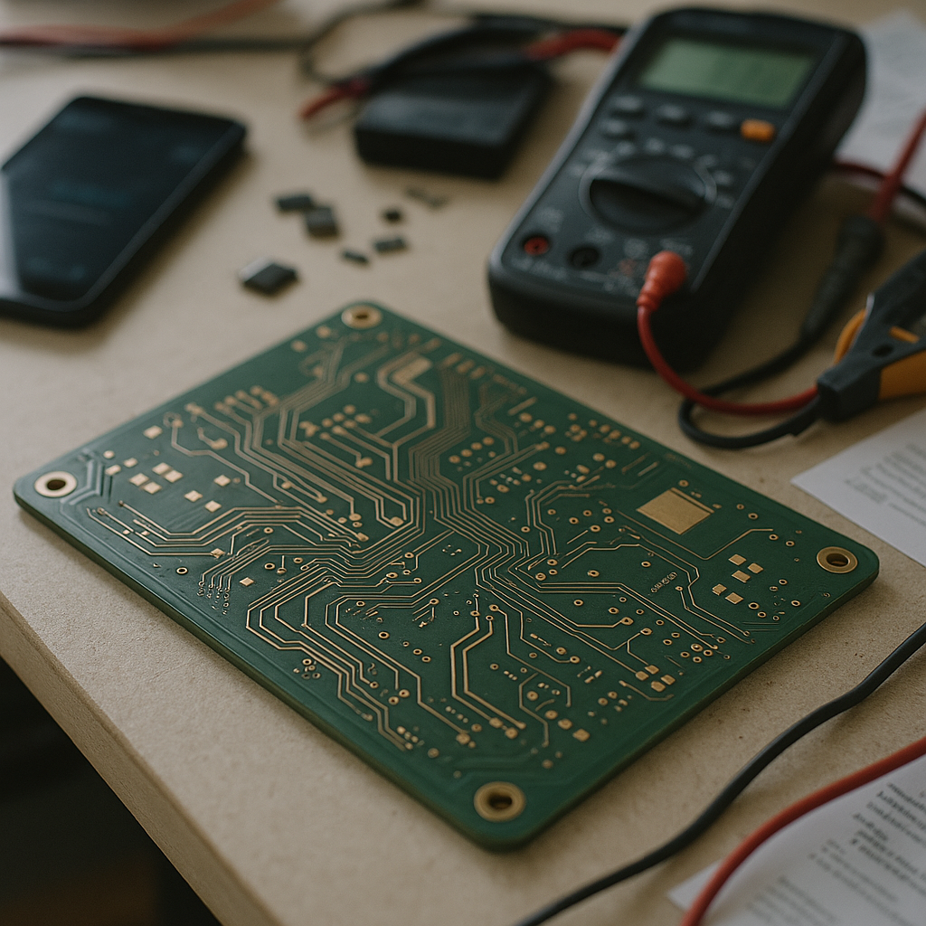 Modern Electronics Board with Devices Modern electronics board with copper traces surrounded by various electronic devices.