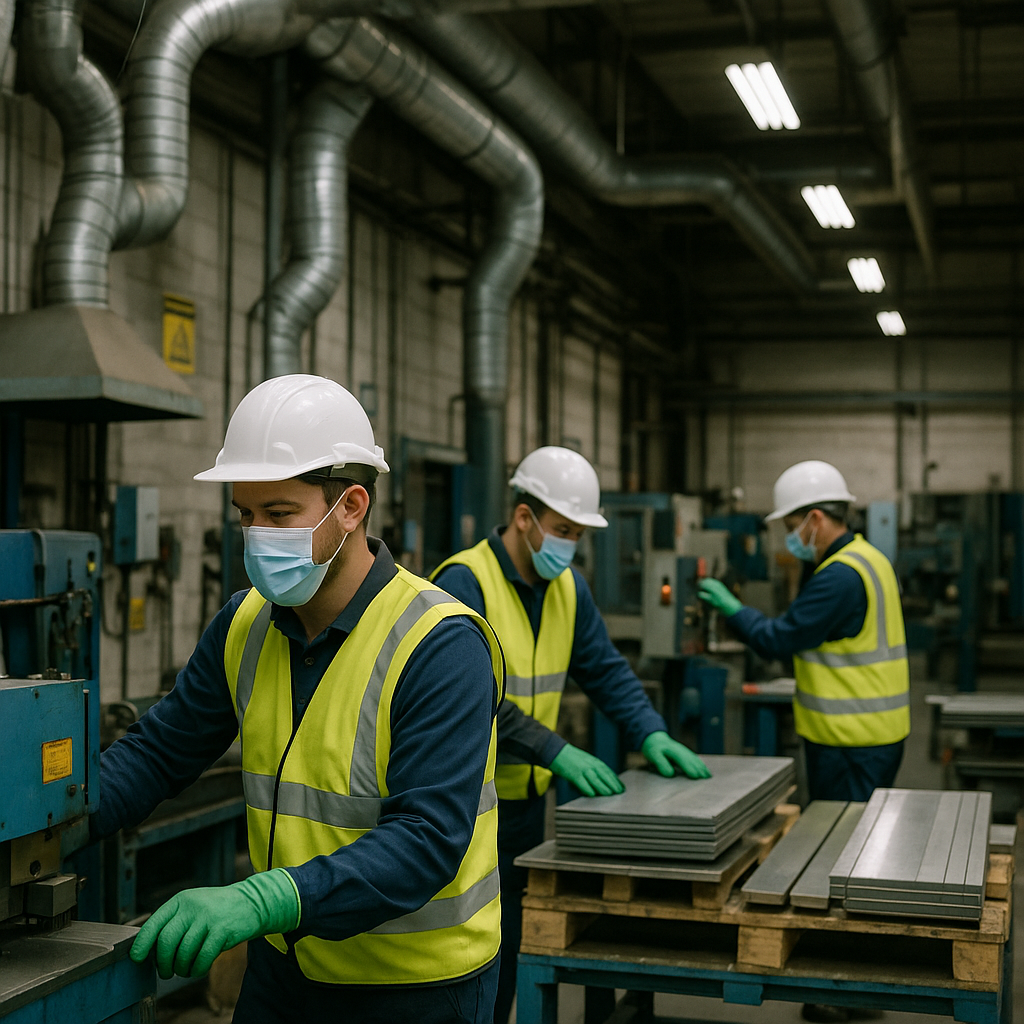Modern Factory with Advanced Filtration Modern factory featuring advanced filtration systems with workers in protective gear processing specialty metals.