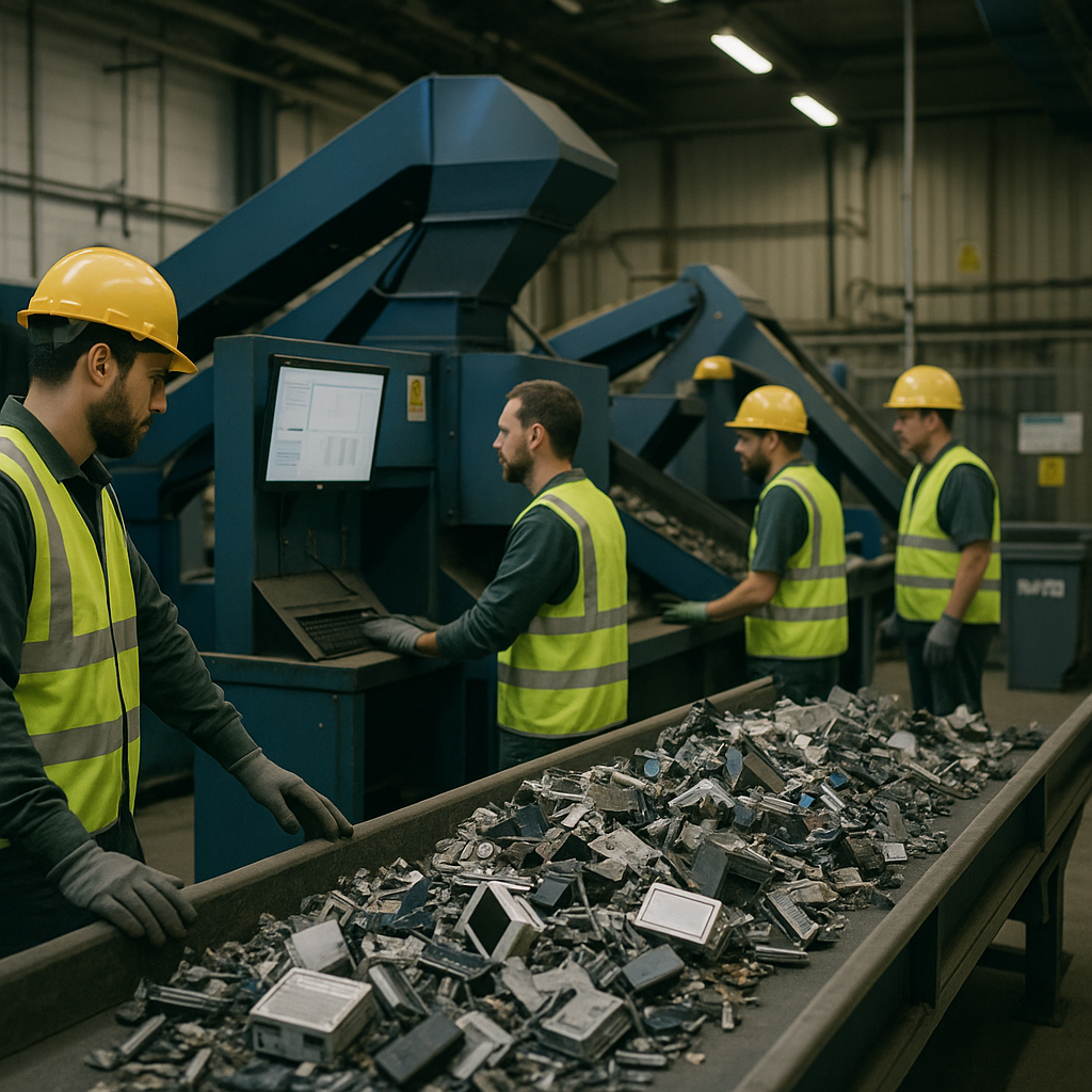 Advanced Electronic Waste Recycling Facility Modern recycling facility with advanced machinery processing electronic waste and workers analyzing data on screens.