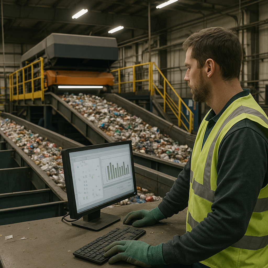 High-Tech Recycling Facility Modern recycling facility with high-tech optical sorting machines separating materials on conveyor belts, workers monitoring screens.