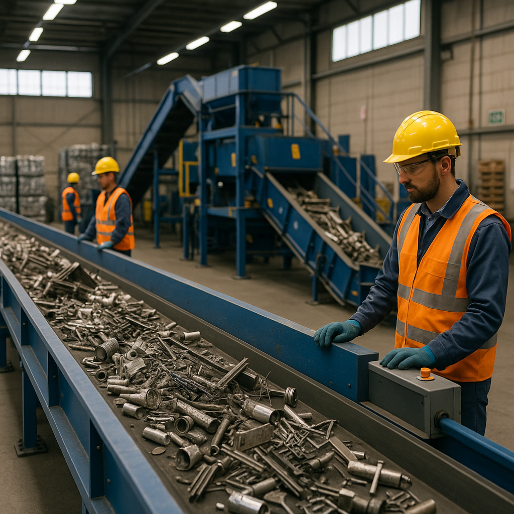 Automated Recycling Facility Modern automated recycling facility with conveyor belts sorting various metals and workers in safety gear.