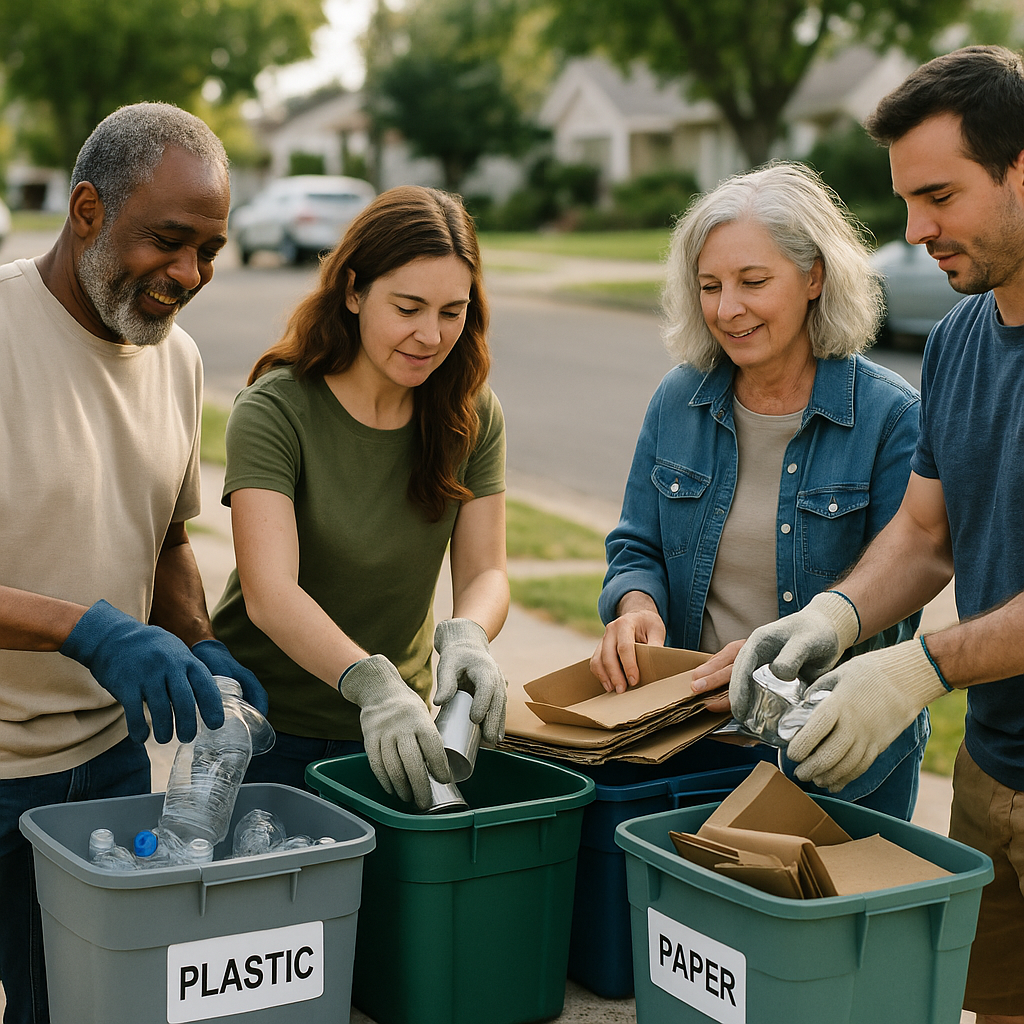 Community Recycling Efforts Neighborhood residents sorting recyclables together at a community recycling center with clean streets visible in the background.