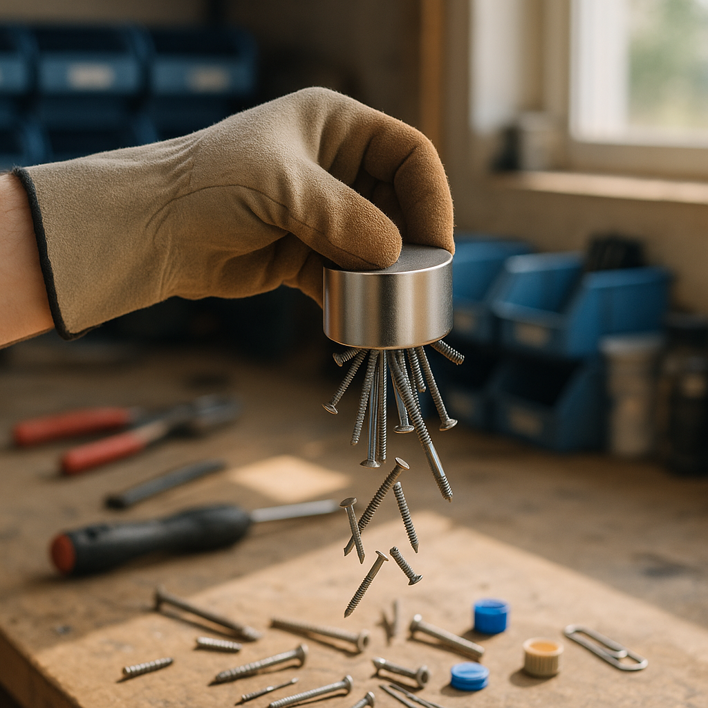 Neodymium Magnet Demonstration Hand holding a powerful neodymium magnet attracting metal objects while non-magnetic items remain unaffected