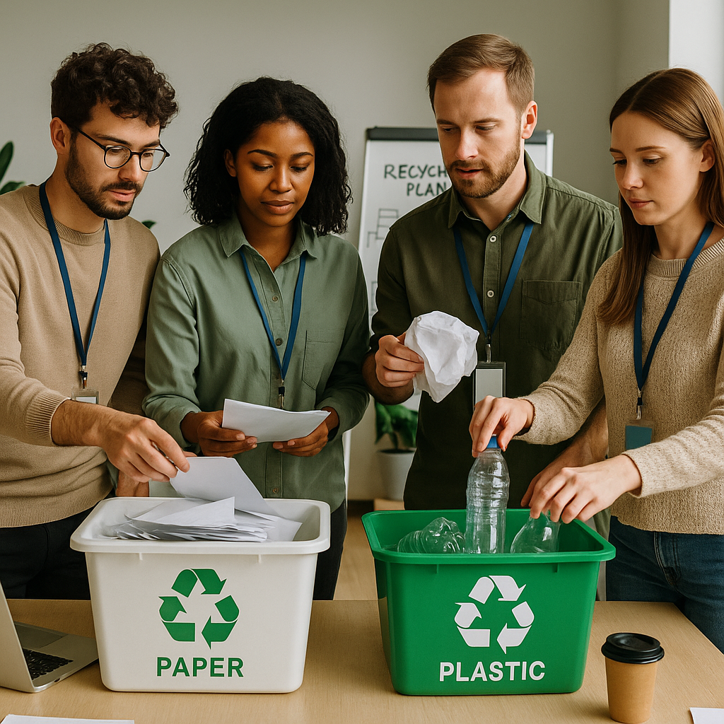 Office team gathered around a table sorting papers and plastics into recycling bins, with a whiteboard containing a visible plan.