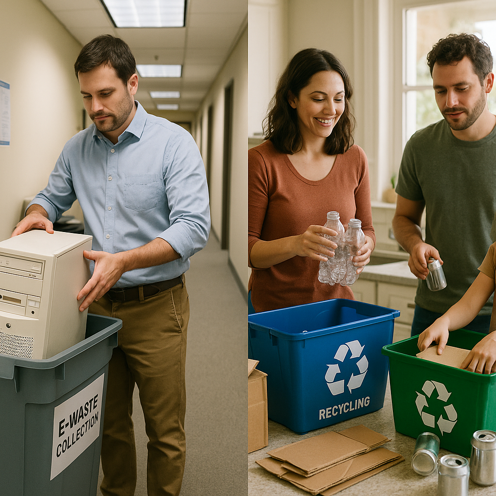 E-Waste Disposal and Household Recycling Split-screen image showing an office worker disposing of an old computer in an e-waste bin and a family sorting recyclables at home.