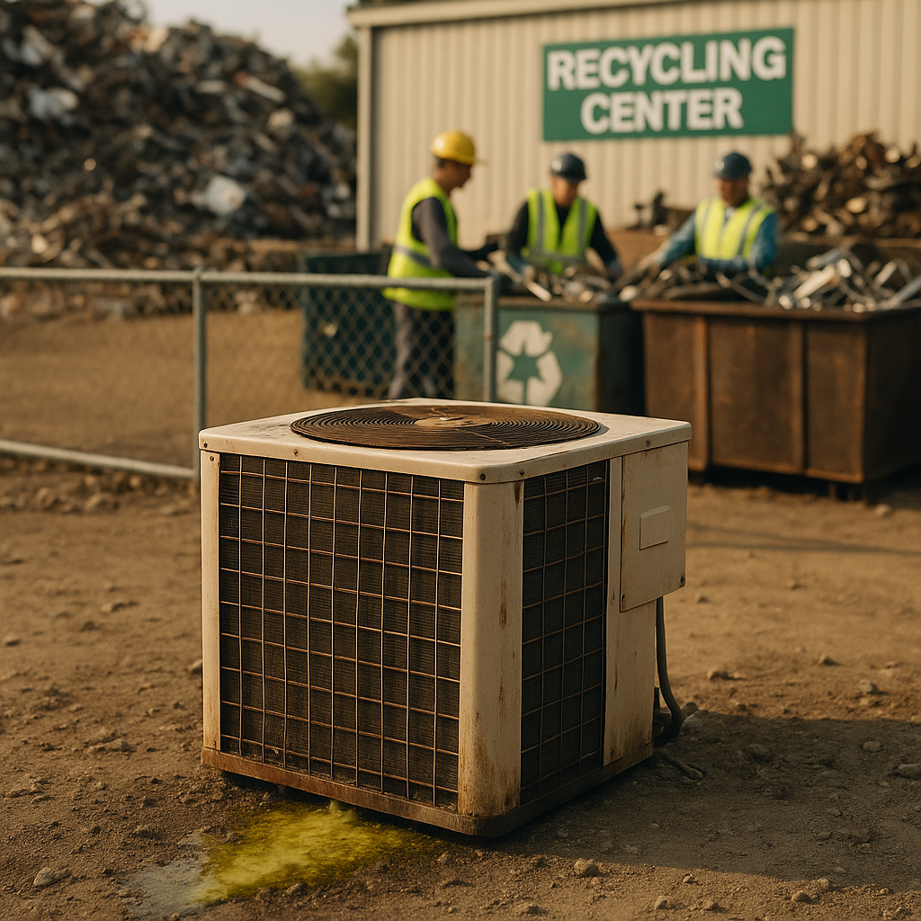 Old HVAC Unit vs Recycling Center Old HVAC unit in landfill with toxic chemicals leaking, contrasted with recycling center sorting metals.