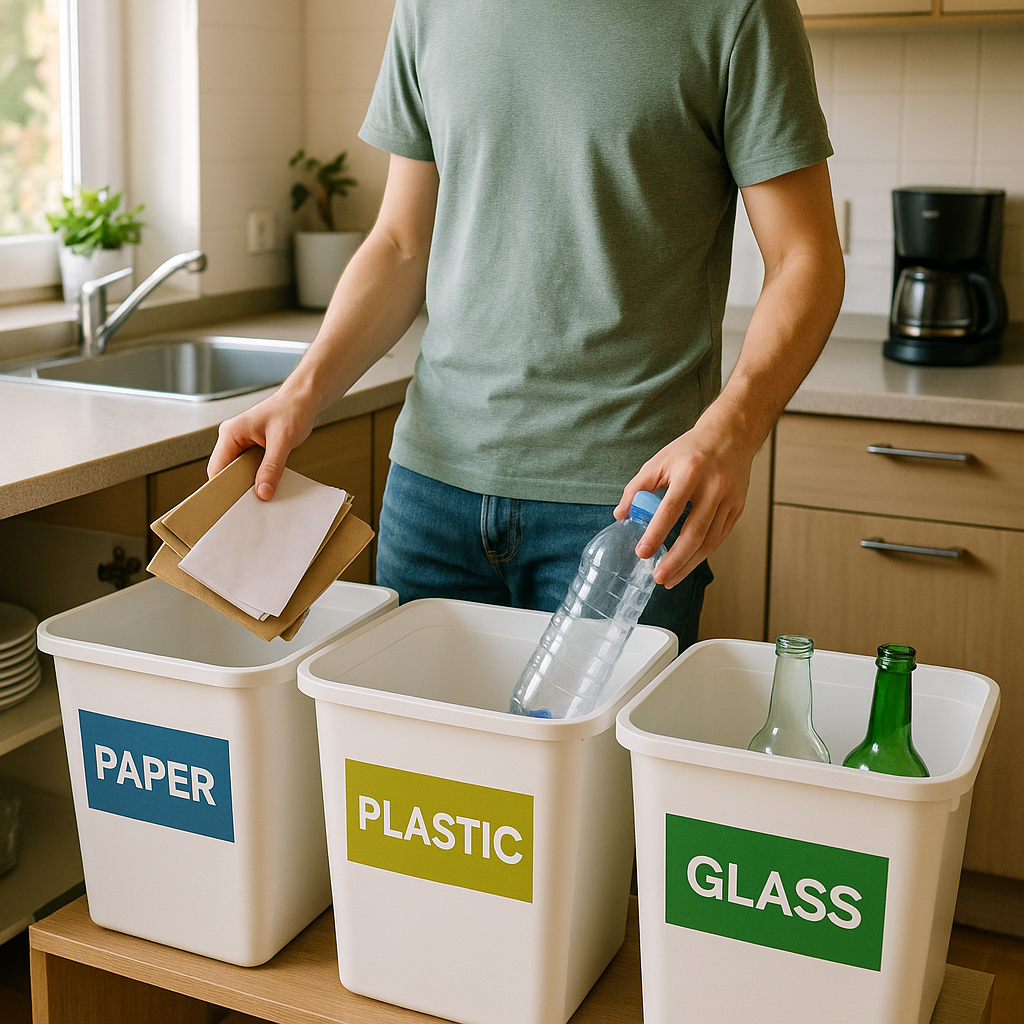Organized Kitchen with Recycling Bins Organized kitchen with labeled recycling bins for paper, plastic, and glass, person sorting items
