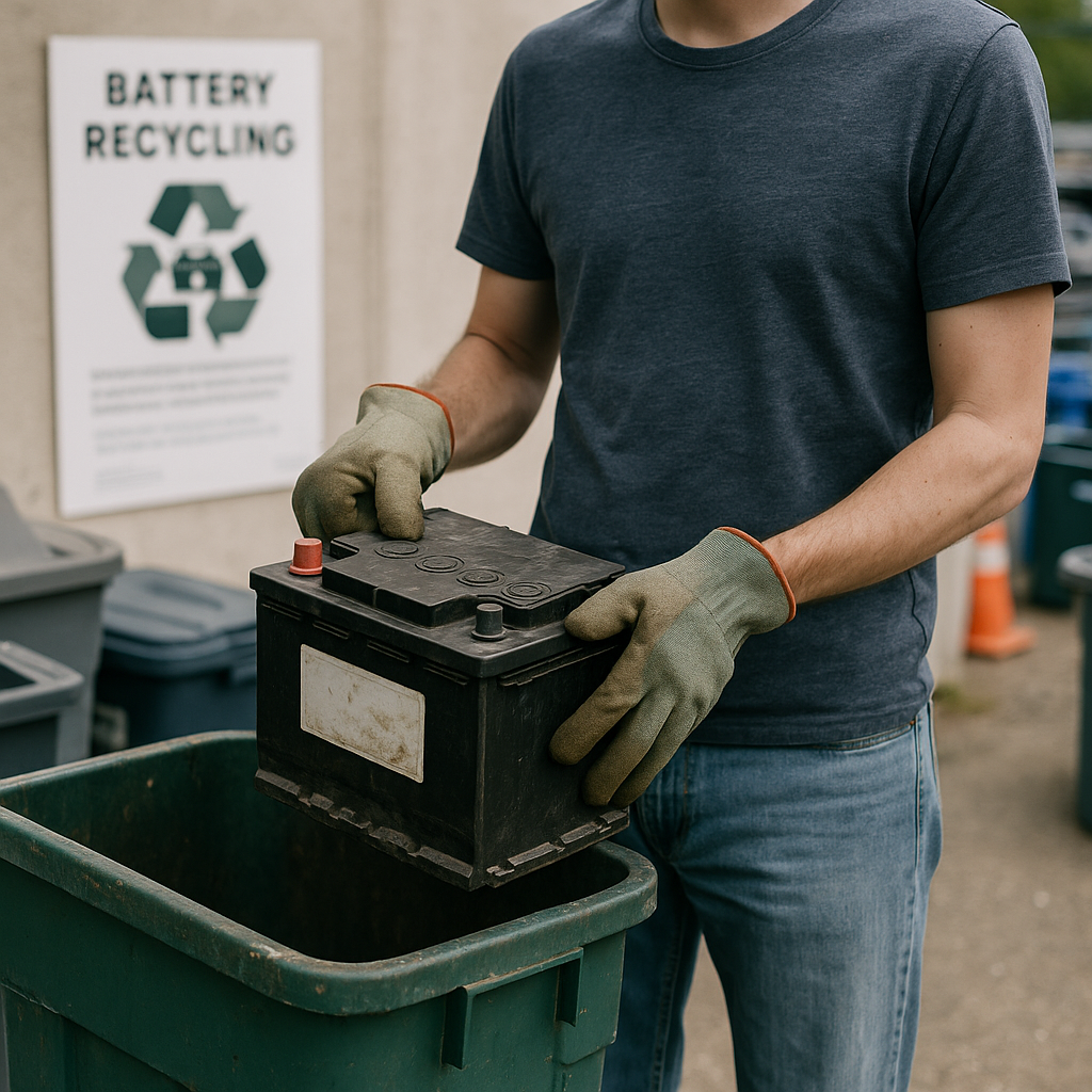 Recycling Old Car Batteries Person dropping off an old car battery at a local recycling center, with an informational poster visible in the background.