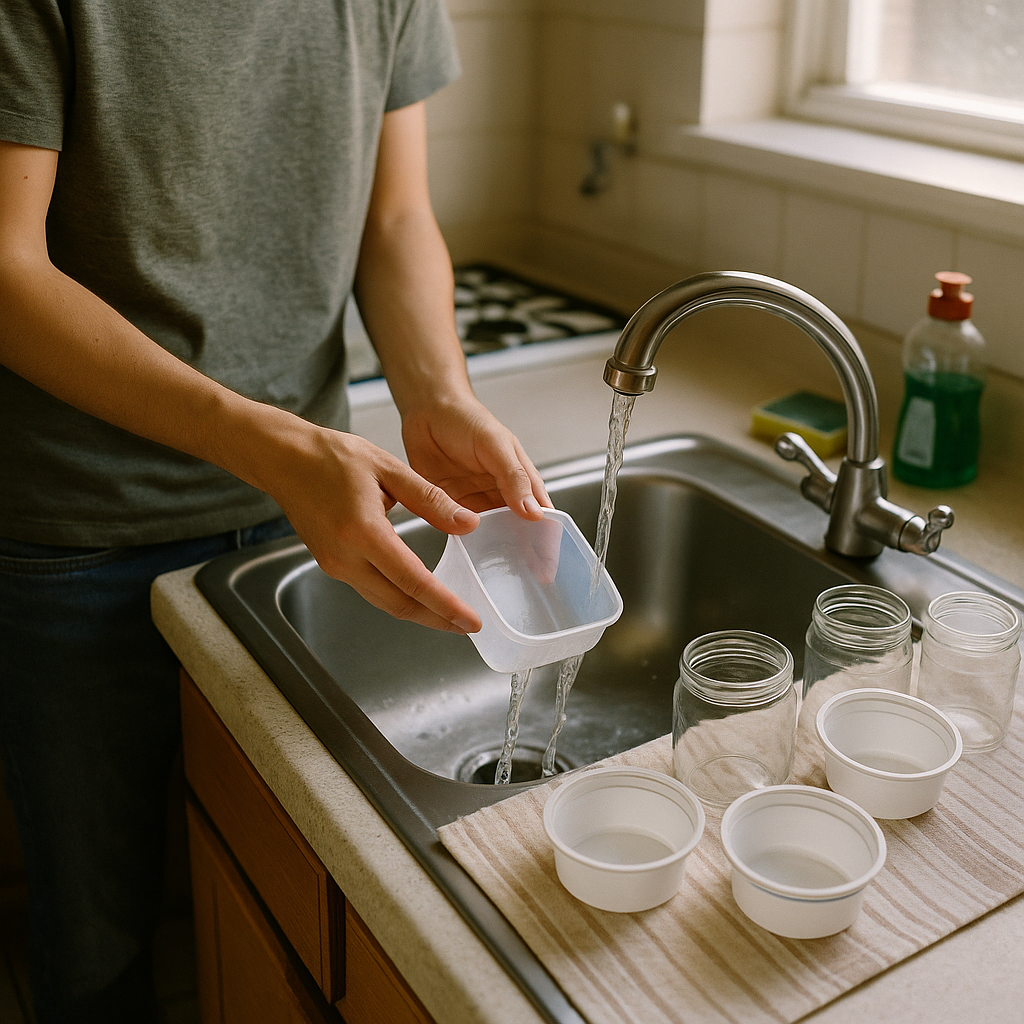 Rinsing Recyclable Containers Person rinsing out recyclable containers at a sink with clean items drying on the counter.