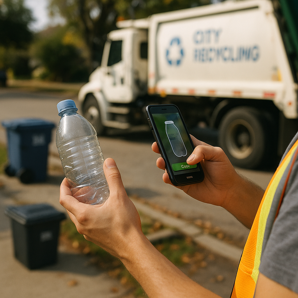 Person Scanning Recyclables Person using smartphone app to scan recyclable item with recycling truck in background
