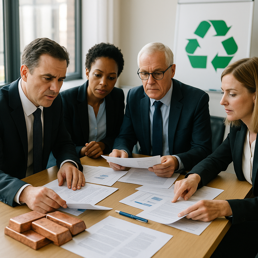 Policymakers and Sustainability Discussion Policymakers discussing documents at a conference table, with a recycling symbol and copper ingots visible.
