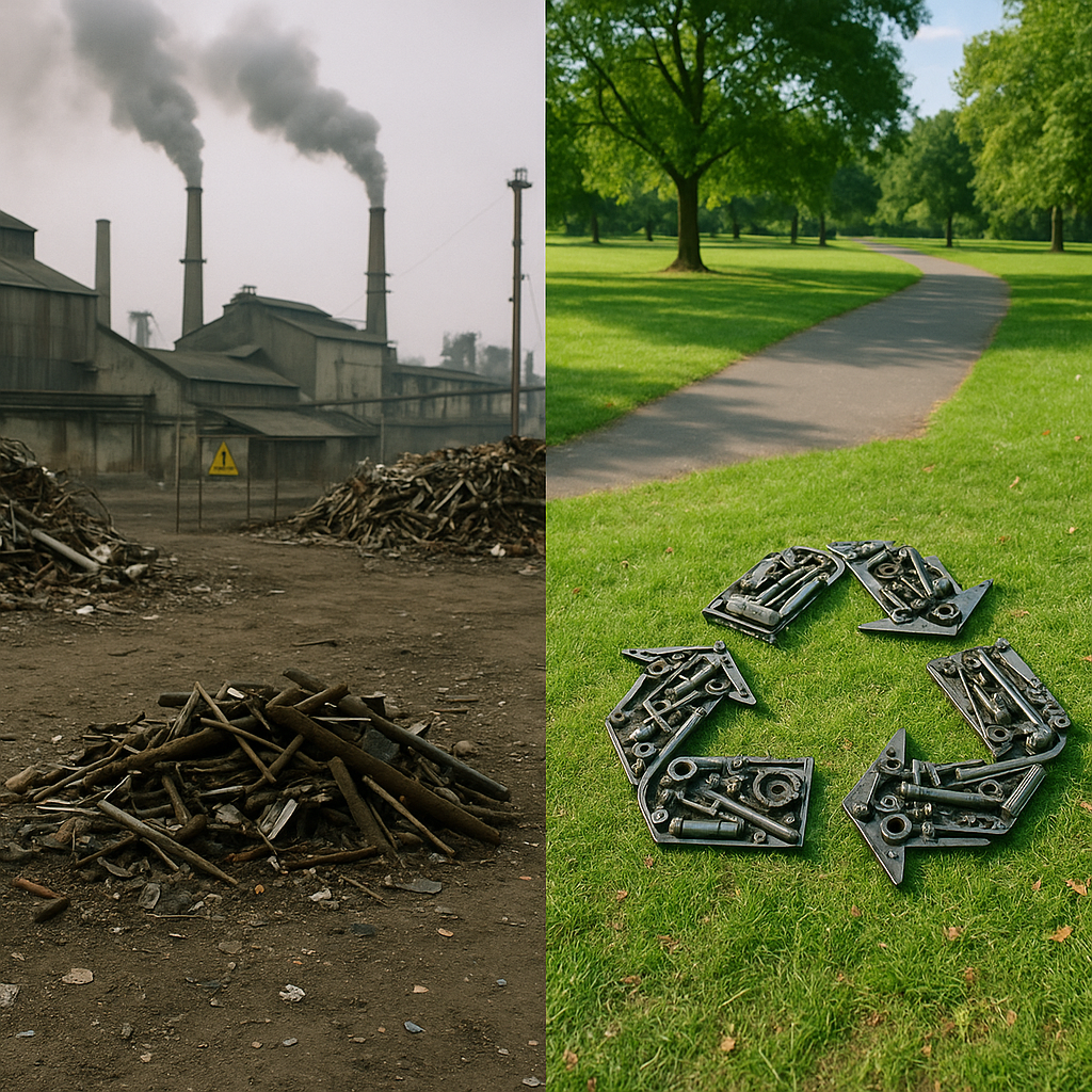 Contrast of Pollution and Cleanliness Split-screen image showing a polluted industrial area on one side and a clean park with a recycling symbol made of metal scraps on the other side.