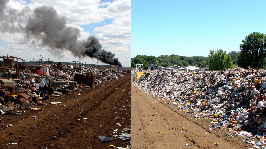 Comparison of Pollution and Clean Recycling Side-by-side comparison of a polluted scrapyard and a clean recycling facility with trees and a clear sky.