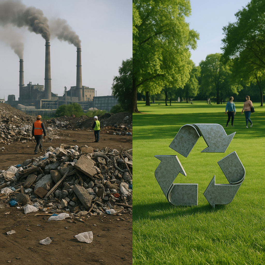 Contrast Between Pollution and Clean Environment Split-screen image showing a polluted industrial area on the left and a clean park with a recycling symbol made of metal on the right.