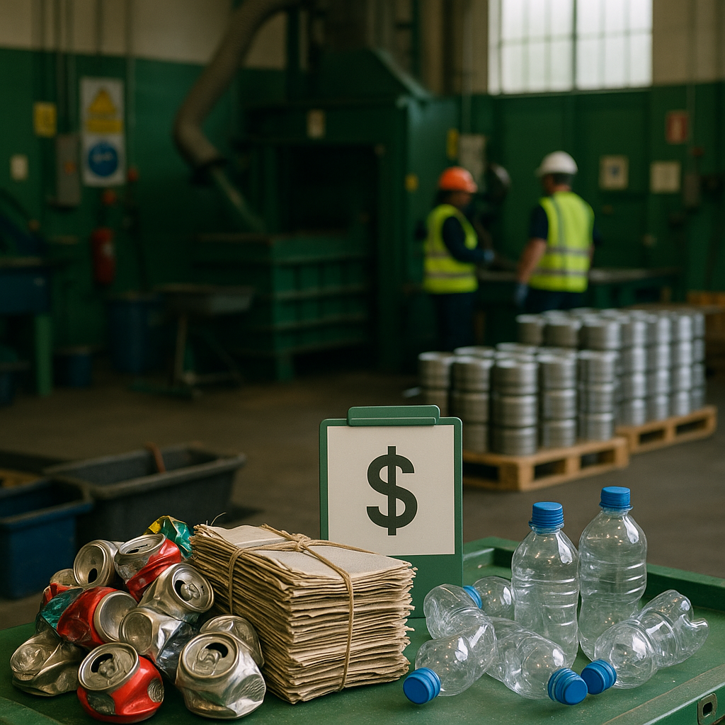 Recycling for a Sustainable Future Recycled materials transforming into valuable products in a green factory setting.