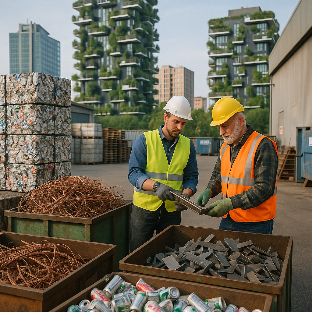 Environmental and Economic Benefits of Recycling Montage of recycled metal products, green cityscape, and factory workers, symbolizing environmental and economic benefits