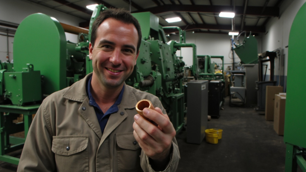 Worker with Recycled Copper Pipe in Recycling Plant Worker proudly holding recycled copper pipe in green recycling plant, surrounded by processing machinery.