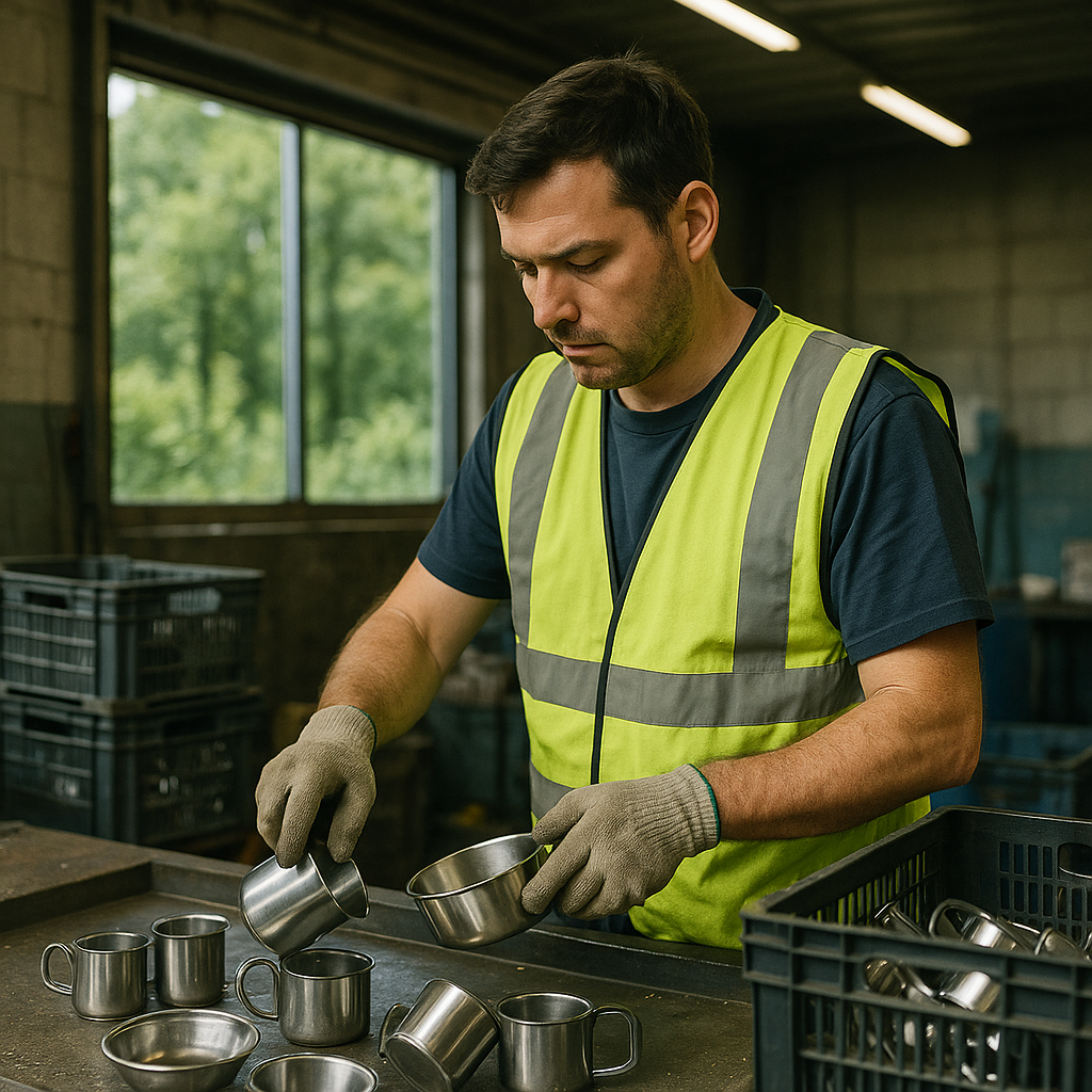 Recycling Worker with Forest View Recycling facility worker sorting stainless steel items with a lush green forest visible through the window.
