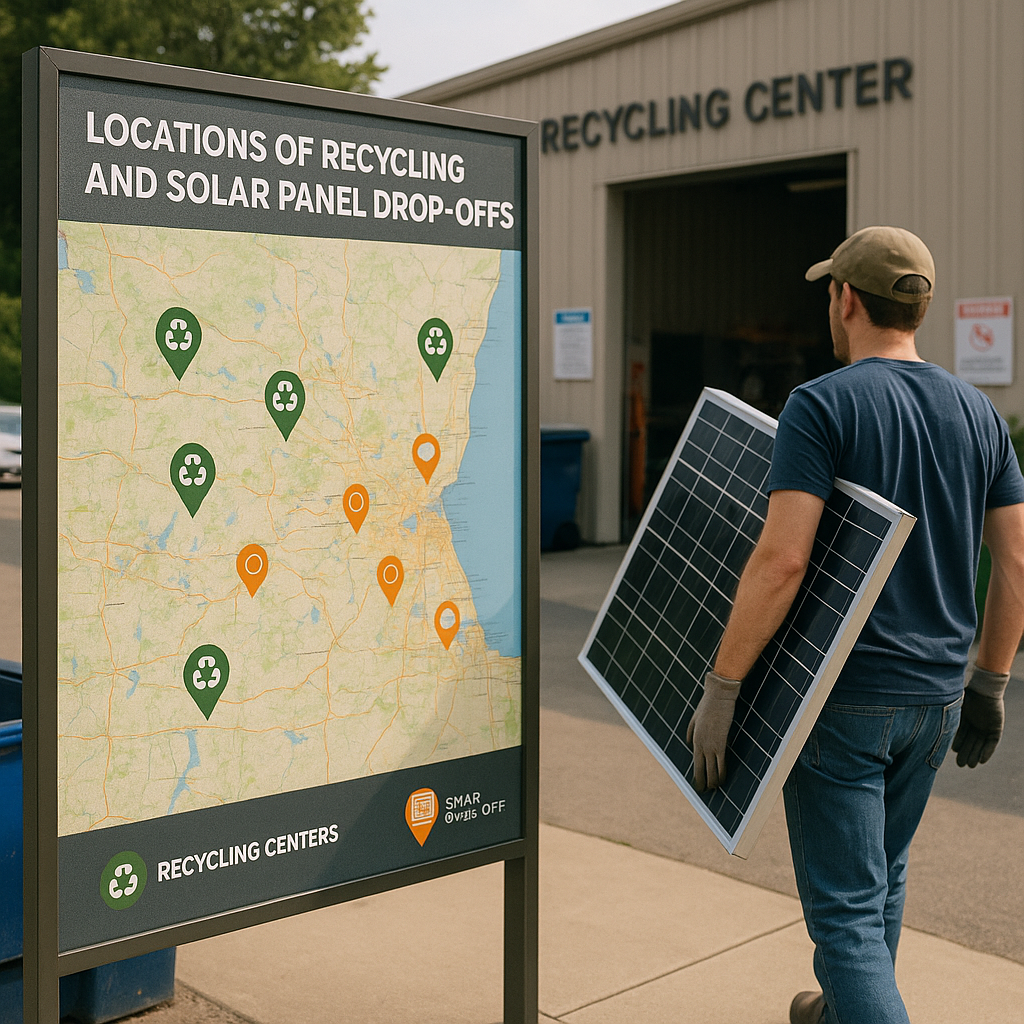 Recycling Center Map with Solar Panel Drop-off Points Map showing recycling center locations with solar panel drop-off points and a person carrying an old panel to the facility entrance.