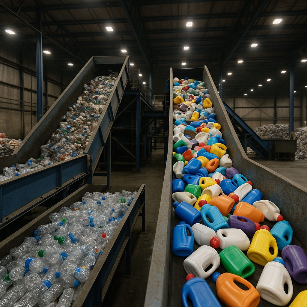 A close-up view of a recycling facility with conveyor belts sorting mixed plastic waste, showing incompatible plastic types like water bottles and detergent containers under harsh industrial lighting.