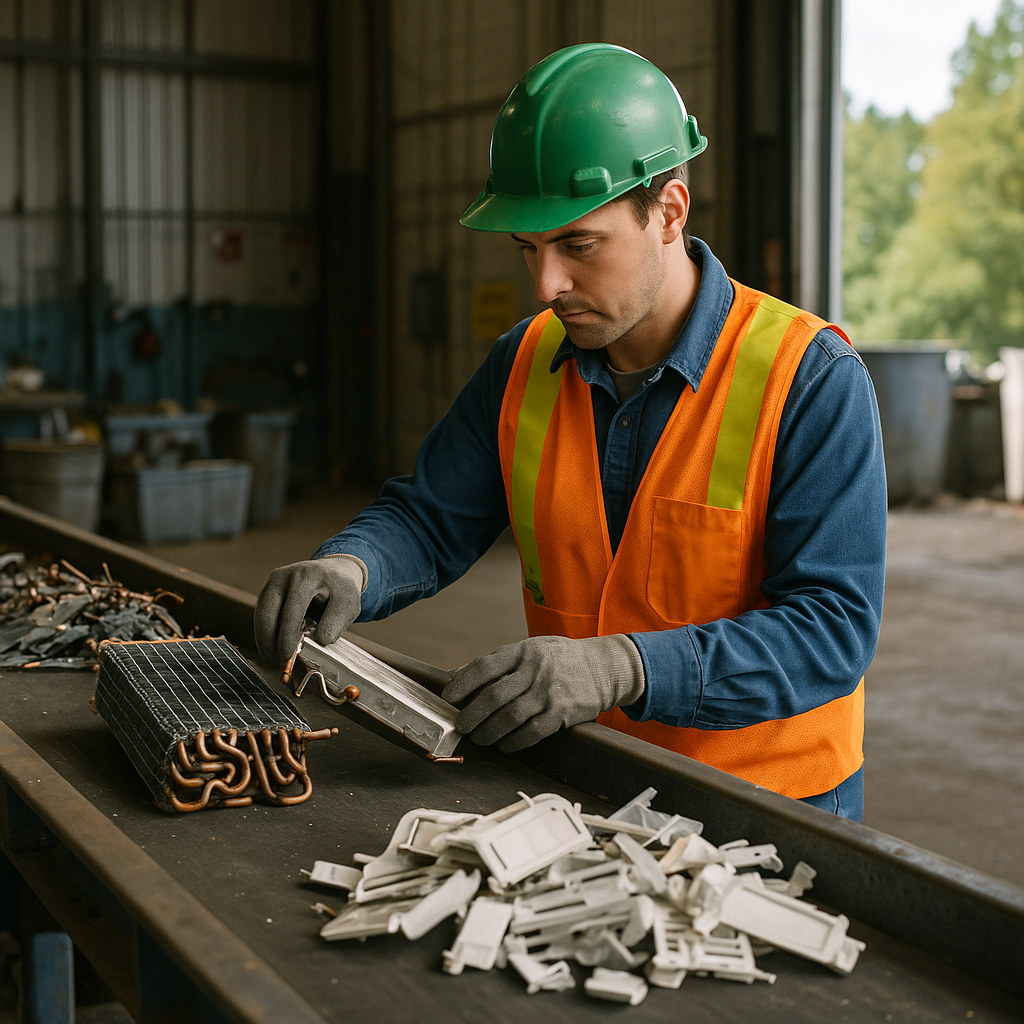 Recycling Facility Worker Sorting AC Unit Parts Worker sorting parts of an AC unit in a recycling facility with trees and a clear sky visible through the window, and a conveyor belt with separated metals and plastics.
