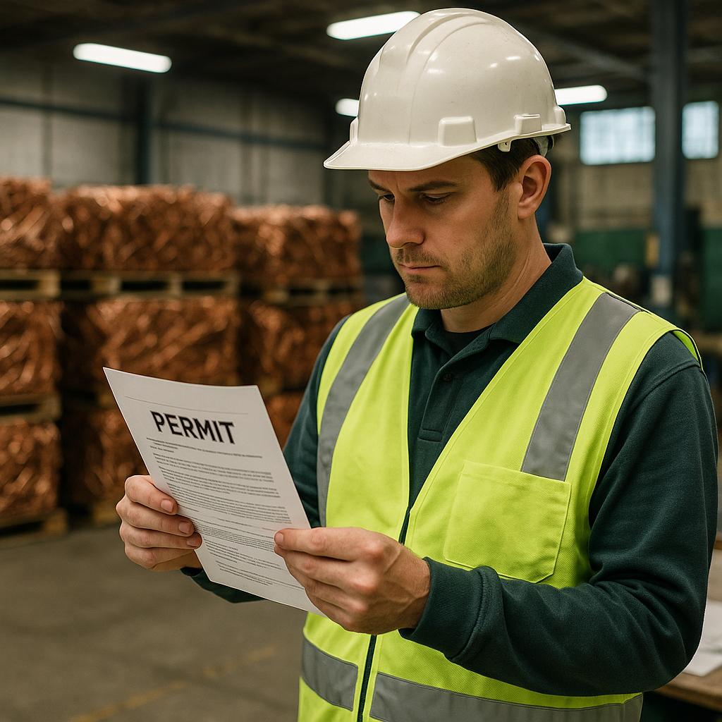 Worker Examining Permits in Recycling Facility Recycling facility worker examining official permit documents with stacks of copper wire in the background