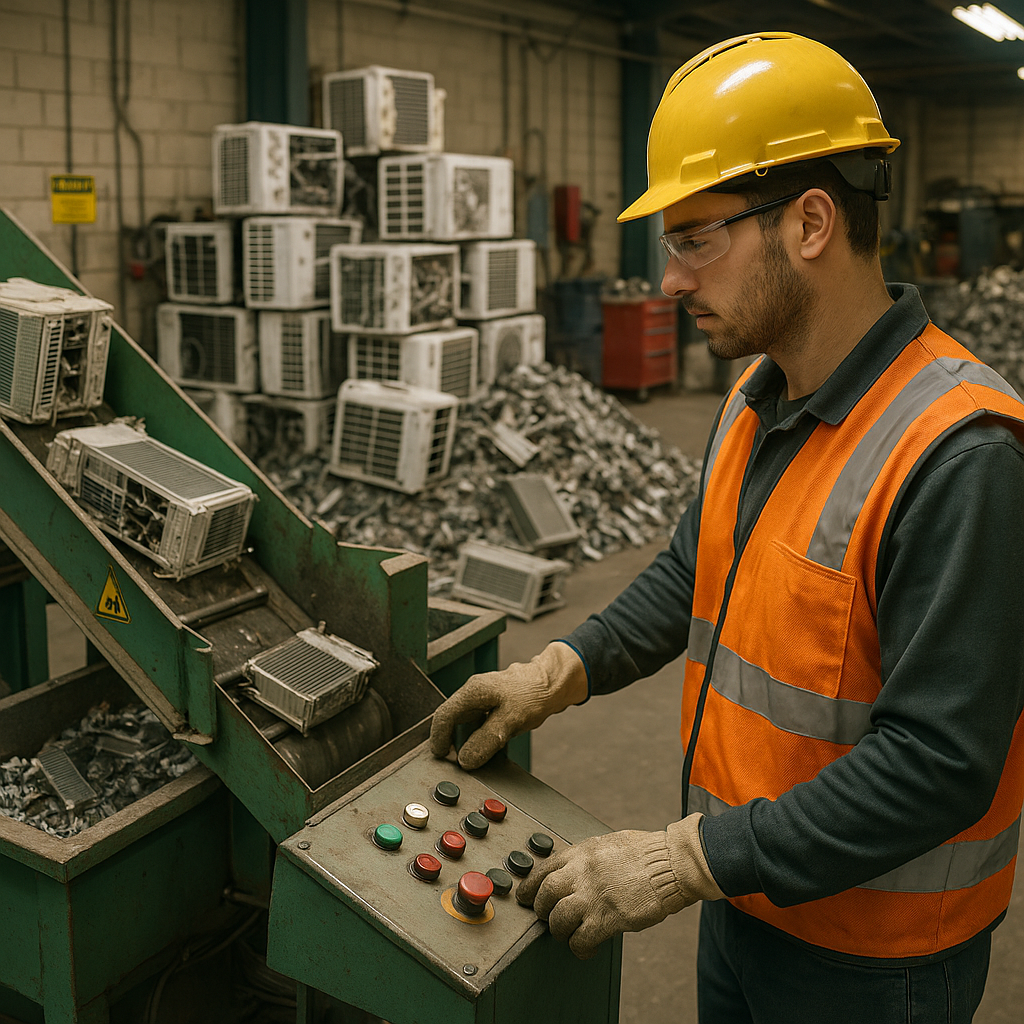 Worker Operating Machinery in Recycling Facility Worker in protective gear operating machinery to process AC unit materials at a recycling facility