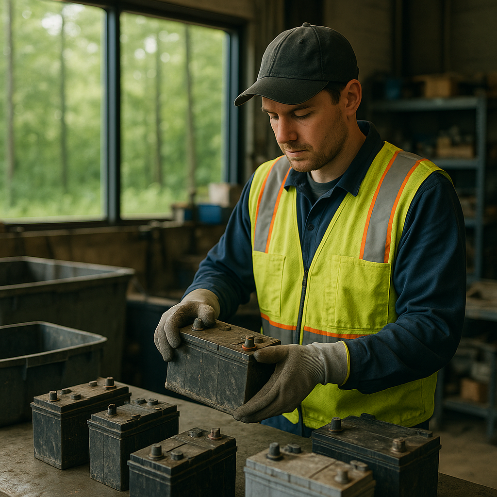 Recycling Facility Worker with Forest View Worker sorting lead batteries in a recycling facility with a view of a lush green forest through the window.