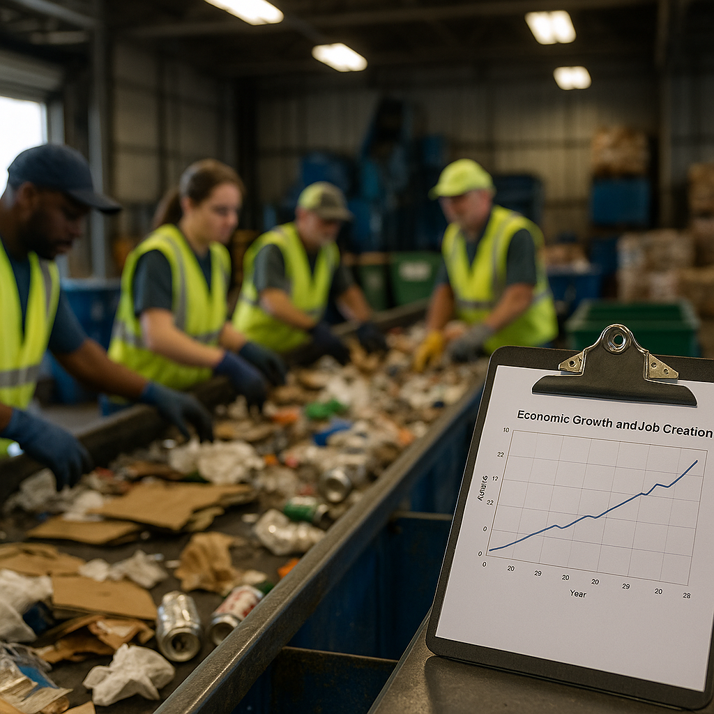 Recycling Facility and Economic Growth Workers at a recycling facility sorting materials with a graph showing economic growth and job creation in the foreground.