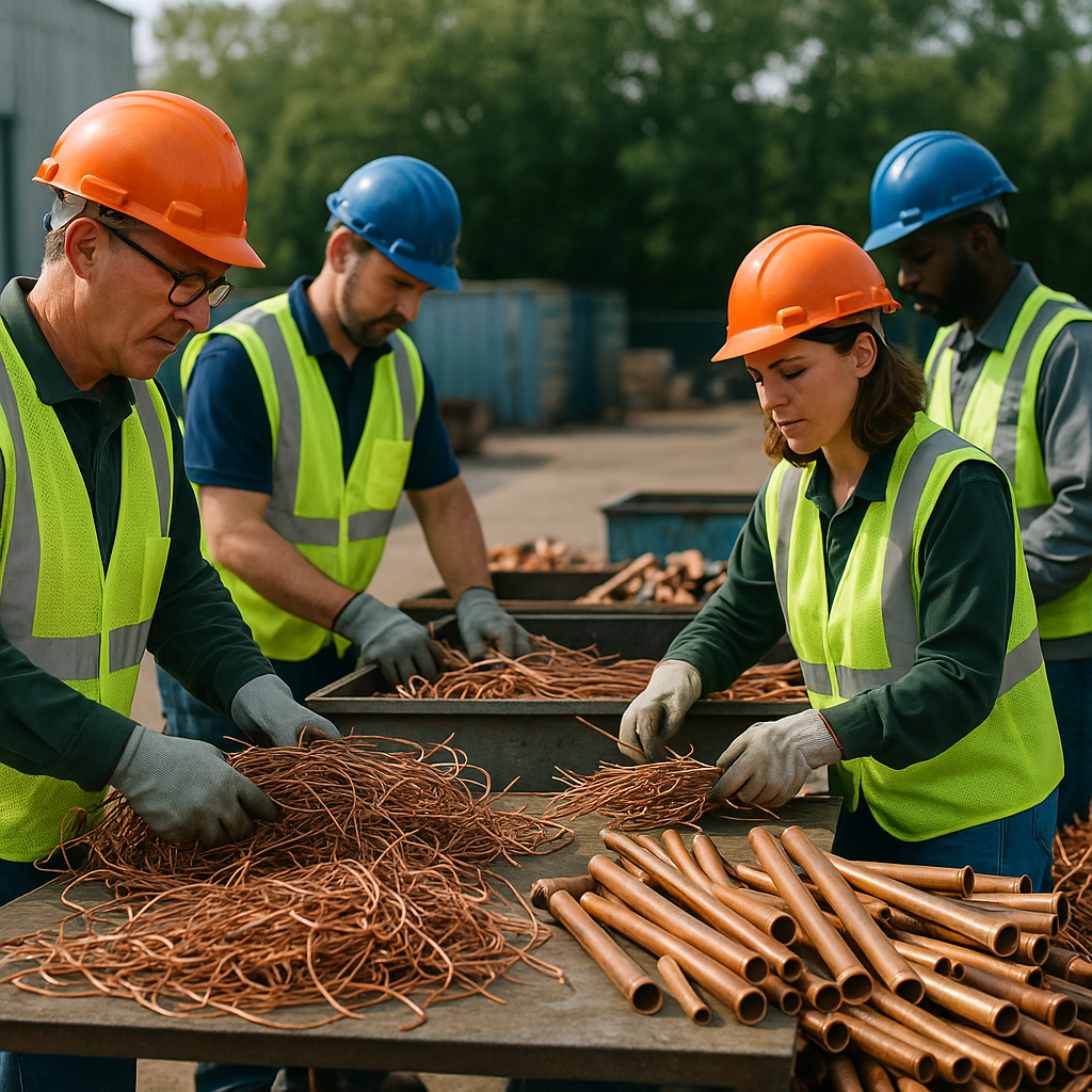 Recycling Plant Workers Sorting Copper Wire and Pipes Recycling plant with piles of copper wire and pipes, workers sorting materials, green trees in background