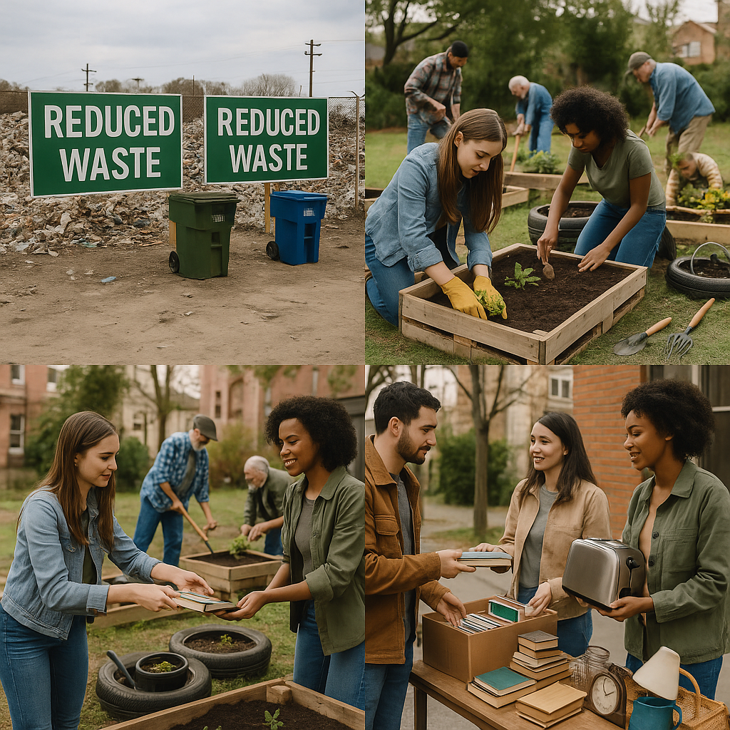 Sustainable Community Practices Collage Collage showcasing reduced landfill waste, a community garden with recycled materials, and people exchanging repurposed items at a local market.