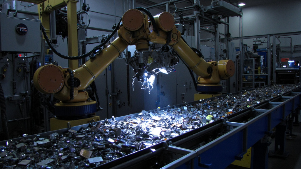 AI-Powered Robotic Arm Sorting Scrap Metals Robotic arm sorting scrap metals on conveyor belt using AI-powered computer vision system.