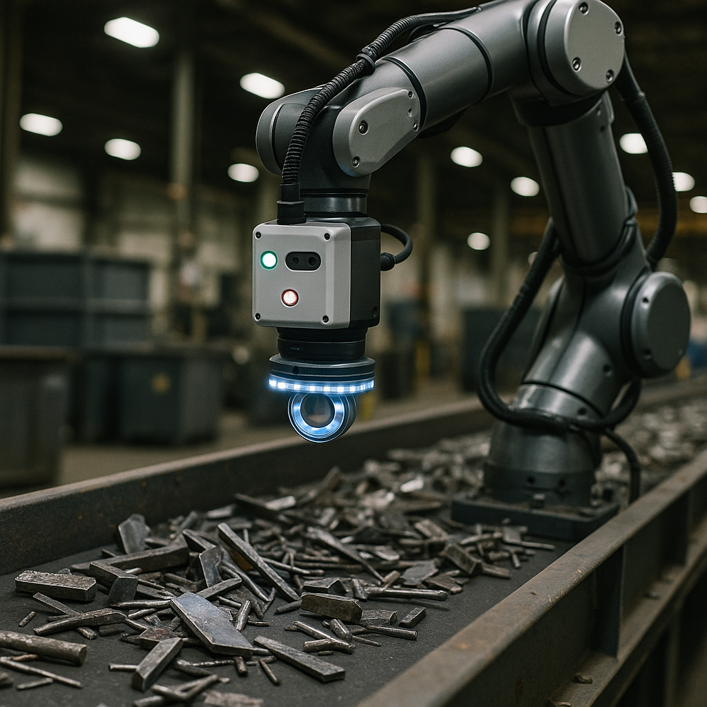 High-Tech Robotic Arm in Scrap Sorting Robotic arm scanning and sorting steel scrap on a conveyor belt, high-tech sensors visible