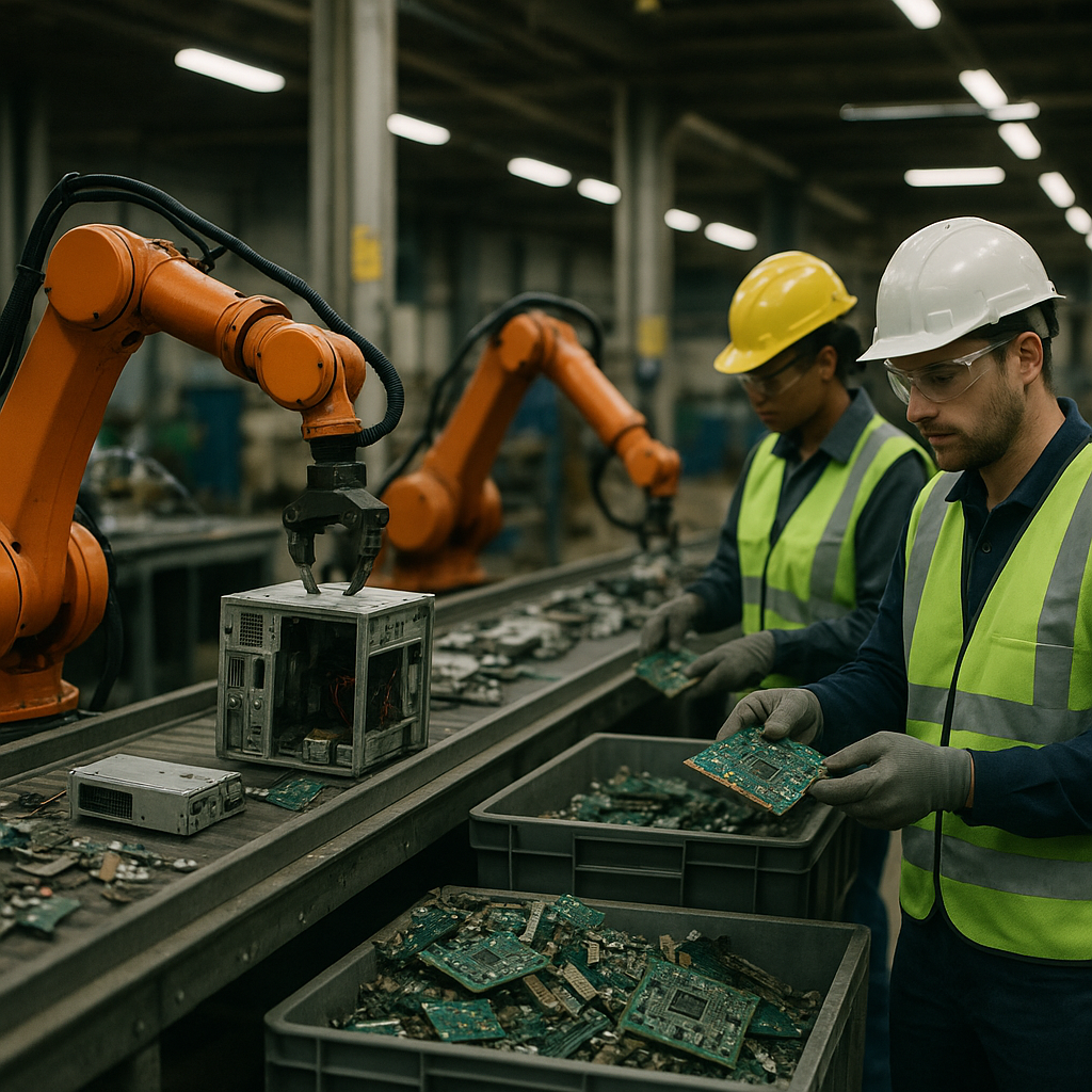 Disassembly of Electronic Devices by Robotic Arms Robotic arms disassembling electronic devices on an assembly line with workers in protective gear handling circuit boards.