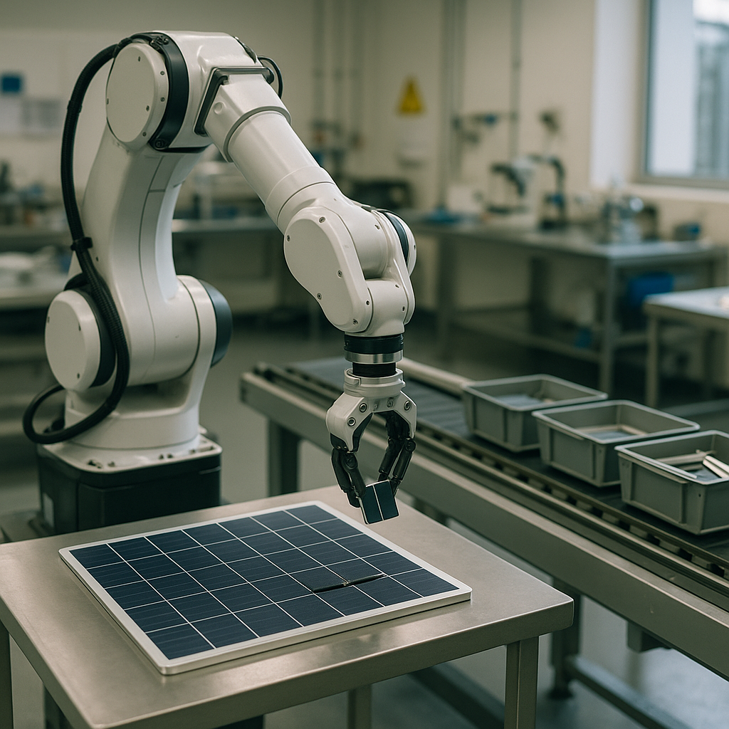 High-tech robotic arm separating components of a solar panel in a clean laboratory environment on a conveyor belt.