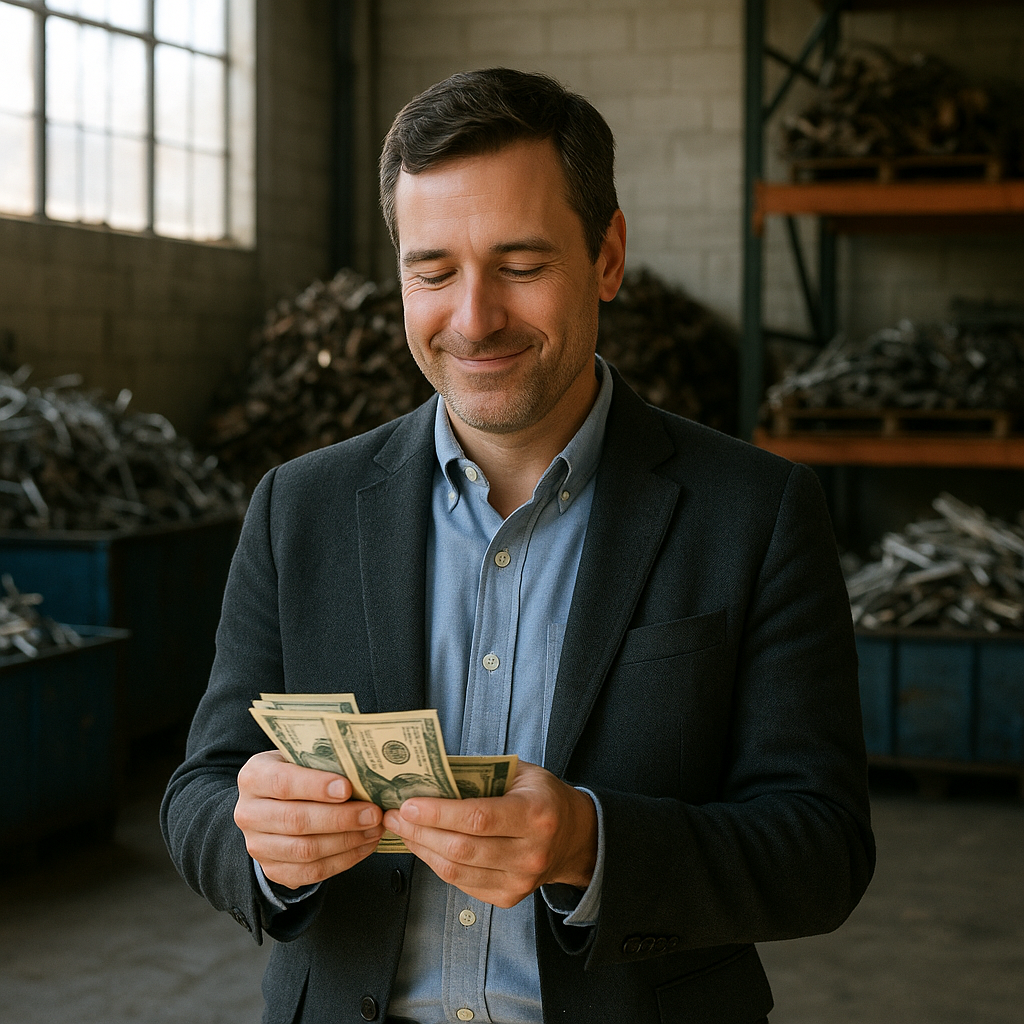 Business Owner with Scrap Metal Satisfied business owner counting money with sunlight streaming through warehouse windows and piles of organized scrap metal in the background