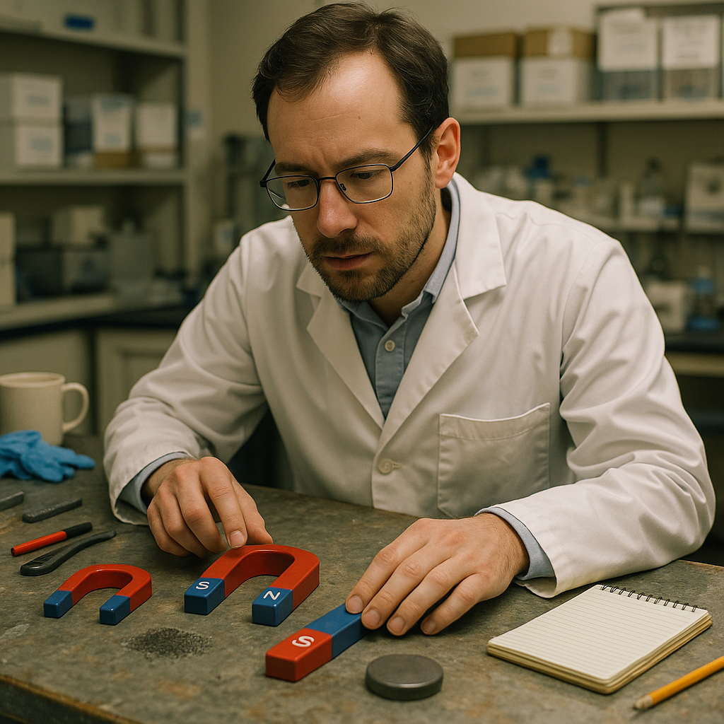 Scientist Examining Magnets Scientist in lab coat examining various magnets on workbench, including horseshoe, bar, and disc magnets.